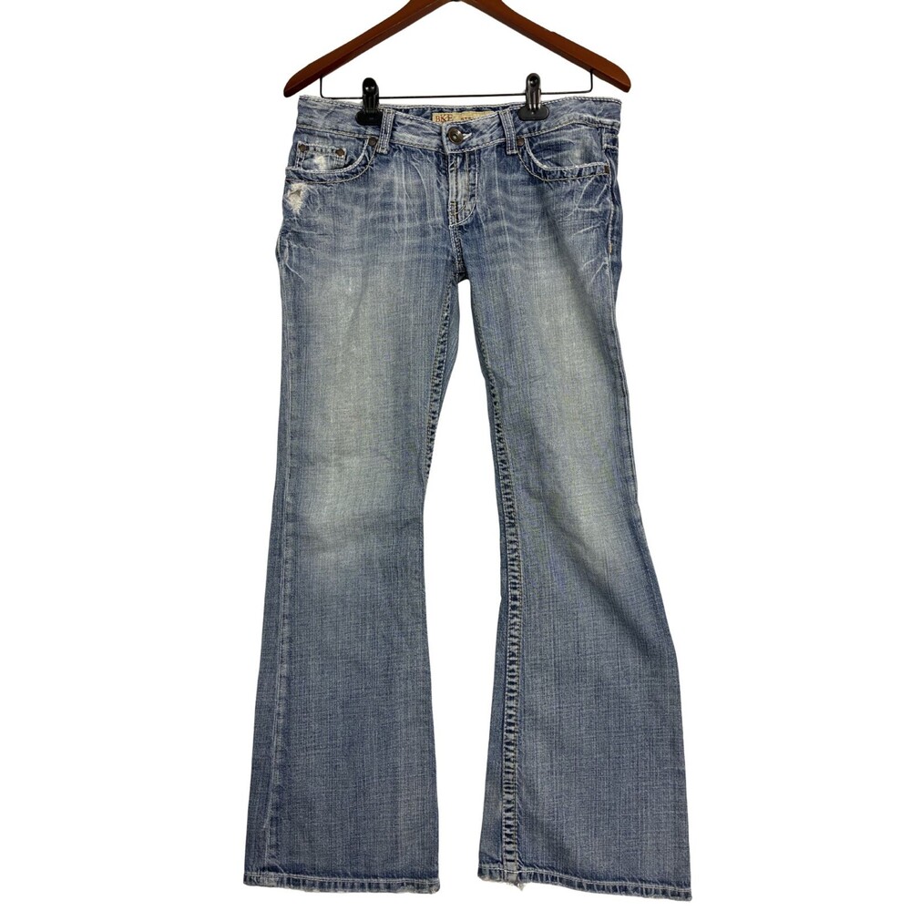 BKE Stella Jeans Women's 29x31.5 Blue Low Rise Flare Distressed Buckle Denim